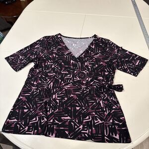 Merona Graphic Print Faux Wrap Shirt Womens Sz XL Stretch Purple And Black